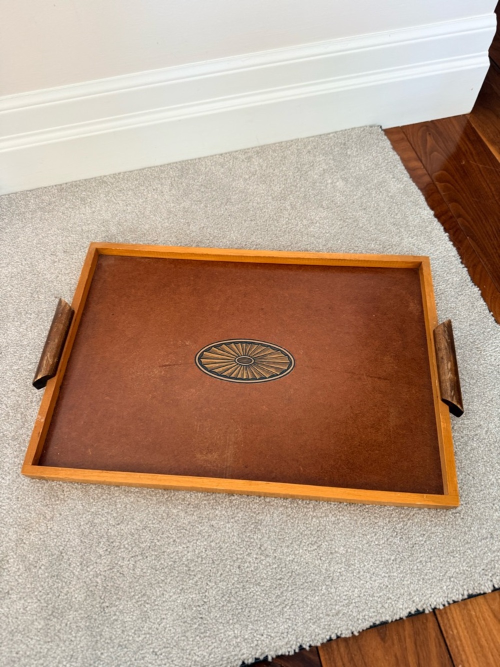 Vintage Wood Serving Tray with Sunburst Inlay